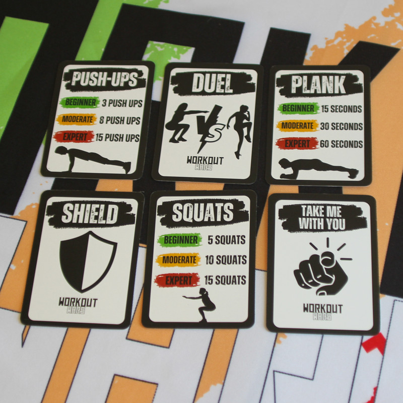 Six sample cards in two rows. Top: Push-ups, Duel, Plank. Bottom: Shield, Squats, Take Me With You.